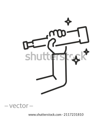 telescope in hand icon, future look, vision spyglass opportunity, visionary explore, search aim, thin line symbol on white background - editable stroke vector illustration