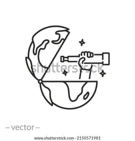 global future of the look icon, international vision, explore world, open globe with spyglass, thin line symbol on white background - editable stroke vector illustration