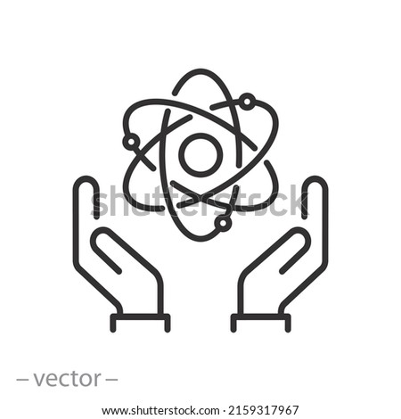 peaceful atom icon, nuclear safety, molecule nucleus in hands, thin line web symbol on white background - editable stroke vector illustration