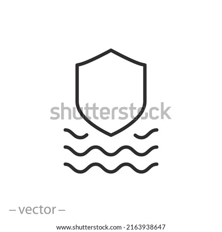 anti washing off icon, water resistant coating, shield and waves water, does not washed, thin line symbol on white background - editable stroke vector illustration