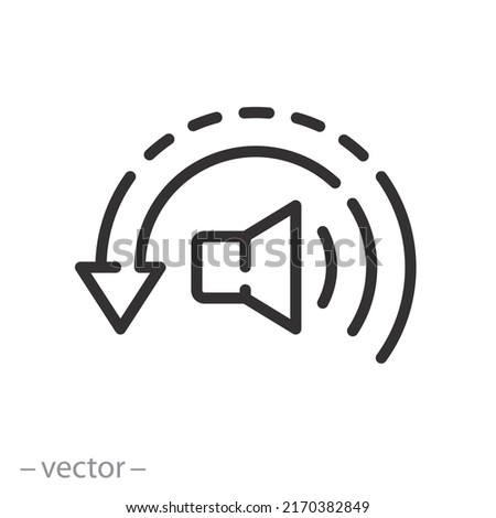 volume reduce icon, reduction quiet, low noise level, less hear, speaker thin line symbol on white background - editable stroke vector illustration