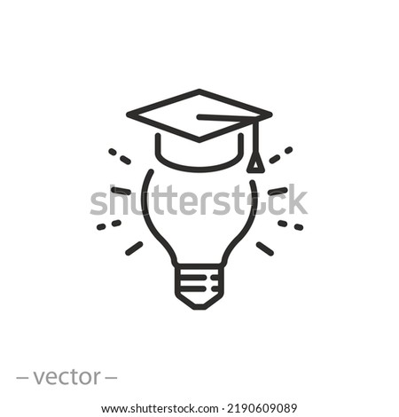 genius idea icon, light bulb and graduation cap, creativity education,  thin line symbol on white background - editable stroke vector illustration