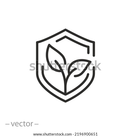 shield with leafs icon, save environment or ecology, bio protect, thin line symbol on white background - editable stroke vector illustration