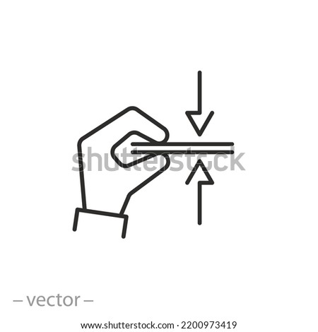 surface gap icon, fingers squeeze layers, press down material, thin line symbol on white background - editable stroke vector illustration