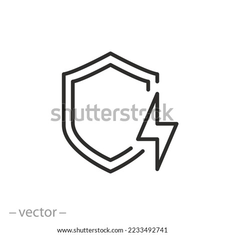 surge protection icon, electricity safety, shield of overload, current shock safe, thin line symbol on white background - editable stroke vector illustration