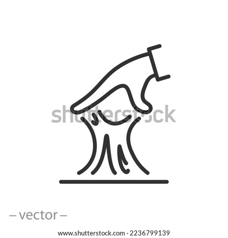 slime icon, sticky substance in hand, reaching mucus, thin line symbol on white background - editable stroke vector illustration