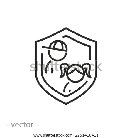 children under protection icon, shield with boy and girl, insurance baby life, thin line symbol - editable stroke vector illustration