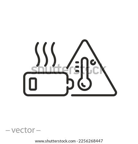 battery overheating icon, attention high accumulator temperature, thin line symbol on white background - editable stroke vector illustration eps10