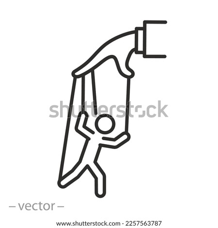hand controlling puppet icon, manipulation puppeteer authority, social influence, thin line symbol on white background - editable stroke vector illustration eps10