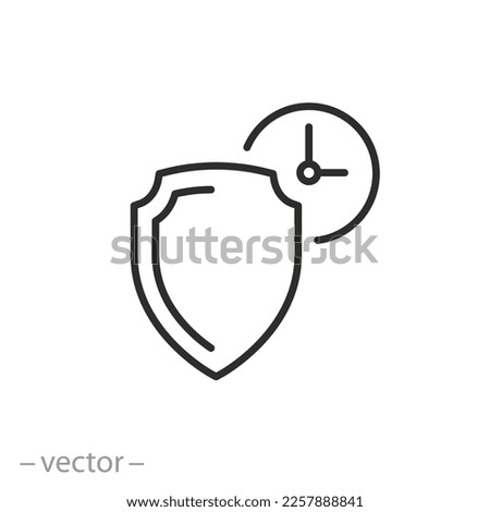 protection time icon, warranty period, shield with clock, thin line symbol on white background - editable stroke vector illustration eps10