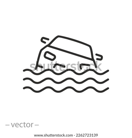flood car icon, flooded road, natural disaster, auto in water waves, line symbol on white background - editable stroke vector illustration eps10