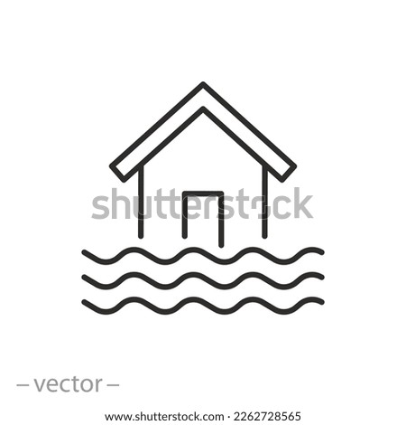 flood buildings icon, house in water waves, flooding rising levels, line symbol on white background - editable stroke vector illustration eps10