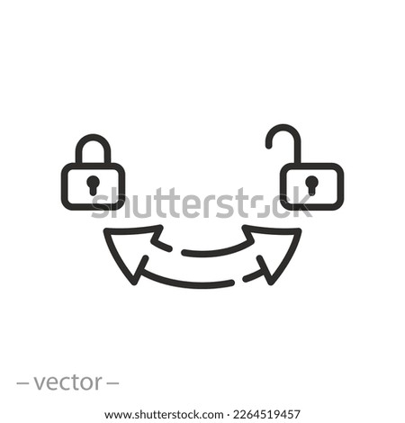 pointer open close icon, on and off, arrows with lock, turn right or left, thin line symbol on white background - editable stroke vector illustration