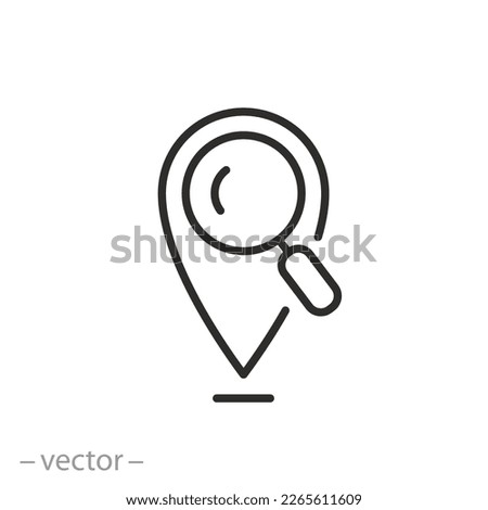 location search icon, map searching, magnifying glass with locator, thin line symbol on white background - editable stroke vector illustration