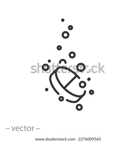 soluble tablet icon, effervescent pill, vitamins or sugar substitute, water bubbles, thin line symbol on white background - editable stroke vector illustration eps10