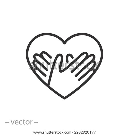 hands with heart icon, share your big love or kindness, charity donation concept, care gesture, thin line symbol on white background - editable stroke vector illustration eps10