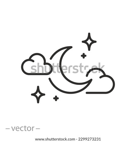 night time icon, moon, clouds with stars, thin line symbol - editable stroke vector illustration