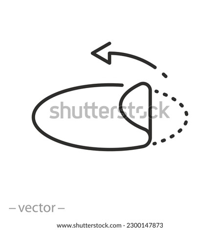 peel off sticker icon, open here, arrow pulling edge, thin line symbol on white background - editable stroke vector illustration eps10