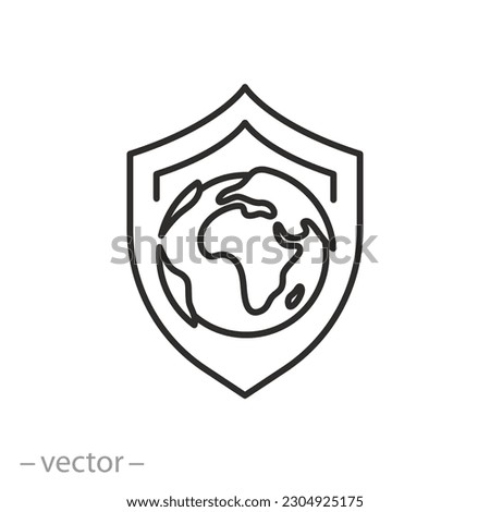 world secure icon, globe with shield, global insurance or protection,  thin line symbol - editable stroke vector illustration