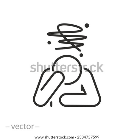 man depressed icon, human holding his head with his hand, feeling sad, thin line symbol on white background - editable stroke vector illustration