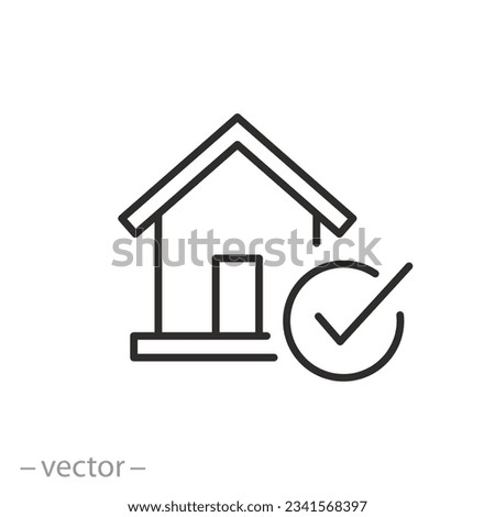 icon of building with check mark, house approved, thin line symbol - editable stroke vector illustration