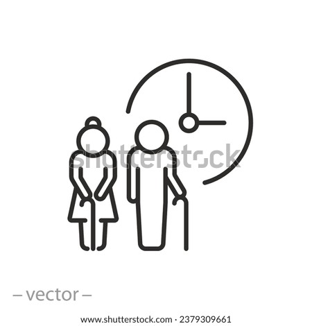 pension age icon, retirement time, pensioner man and woman with clock, thin line symbol on white background - editable stroke vector eps10