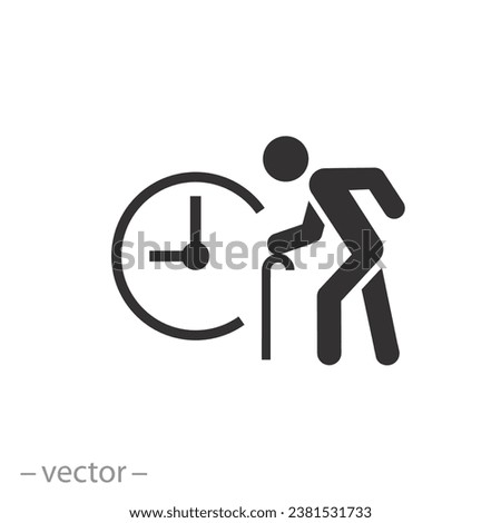 pensioner with clock icon, pension age, retirement time, flat symbol on white background - vector illustration