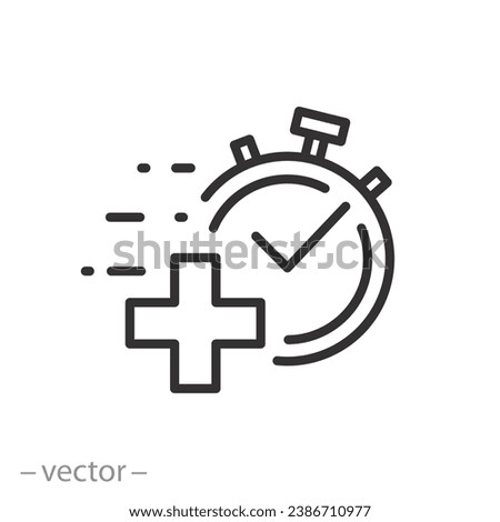 fast healing effect icon, quick treatment, stopwatch with cross, first aid, thin line symbol on white background - editable stroke vector illustration
