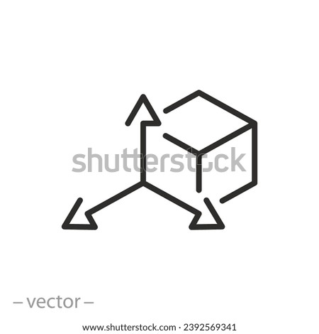 3D space modeling icon, tridimensional coordinate spaces XYZ, cube with arrows, thin line symbol on white background - editable stroke vector illustration 