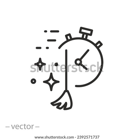 fast clean icon, broom with stopwatch, quick cleaning service, thin line symbol - vector illustration