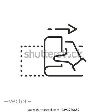 hand with sticker open icon, peel off duct tape, pull by hand to opened up, thin line symbol on white background - editable stroke vector illustration