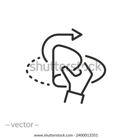 opened or peel off sticker icon, hand for open here, arrow pulling edge, thin line symbol on white background - editable stroke vector illustration eps10