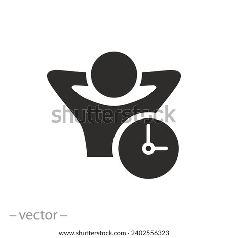 relaxation after work icon, free time, hands behind head, flat on white background -flat vector illustration