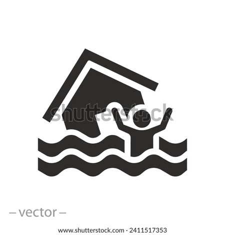 person drowns and calls for help icon, flood, house in water waves, flat symbol on white background - vector illustration