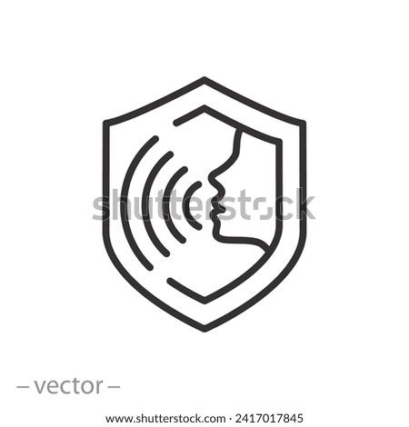 protected speech icon, freedom free voice, shield with speaker human, thin line symbol on white background - editable stroke vector illustration eps10