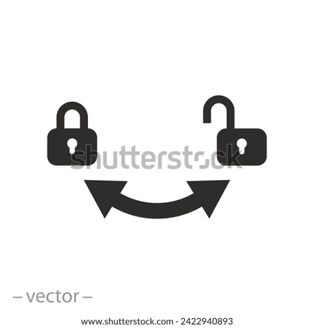 arrows with lock icon, pointer open close, turn right or left, flat symbol on white background - vector illustration