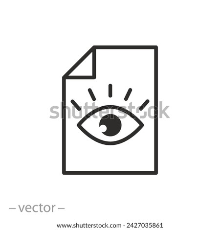 eye sees document icon, view detail in paper documents, familiarize with conditions, thin line symbol on white background - vector illustration