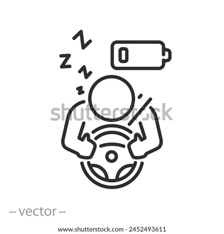 drowsy fatigued driver icon, sleeping man the while driving, tired or drowsy person on road, thin line symbol on white background - vector illustration