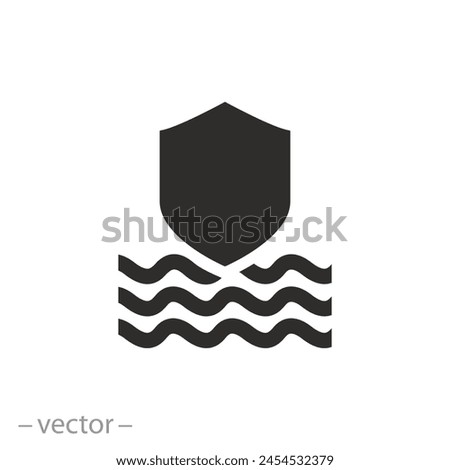 water resistant coating icon, anti washing off, shield and waves water, does not washed, flat symbol on white background - vector illustration