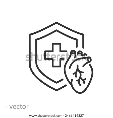 medical shield with heart icon, complete caldiology protection, heart support, thin line symbol - vector illustration