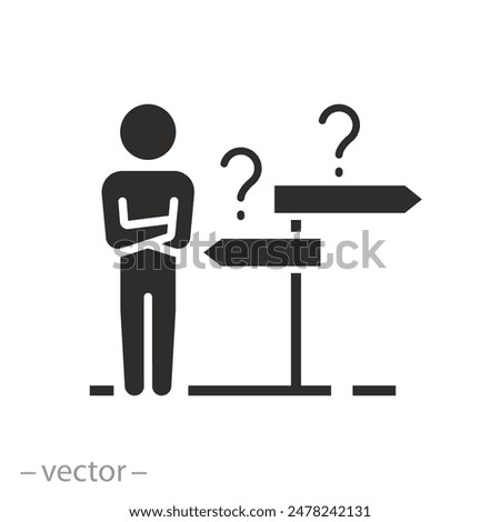 lost man at crossroad icon, pathway choice, direction decision, making plan, guide for business or career, flat symbol on white background - vector illustration