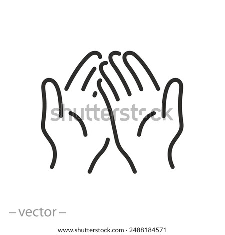 outstretched hands icon, human crossed palms, hand asking for alms, donation or help concept, thin line symbol on white background - editable stroke vector illustration