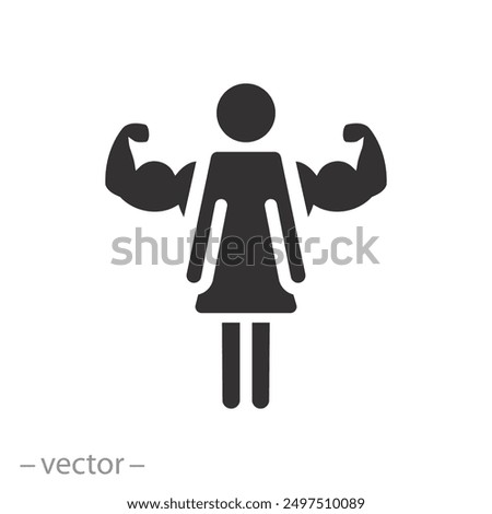 strong active girl icon, woman power, arm gain muscle, flat vector illustration