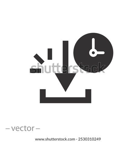 icon of download time, file inbox, upload button with clock, flat vector illustration