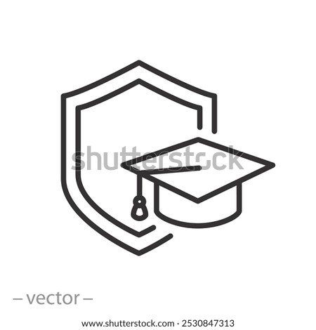 shield with graduation hat, education insurance icon,  help education, thin line vector illustration