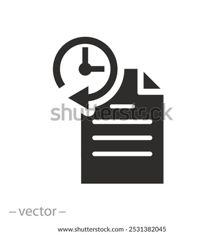 clock with paper checklist, history document icon, list order payment or hour purchase, note information, flat vector illustration