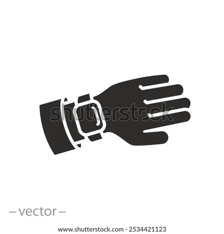 looking time on a wristwatch, smart watch wearable on the hand wrist, icon, business punctuality concept, flat vector illustration