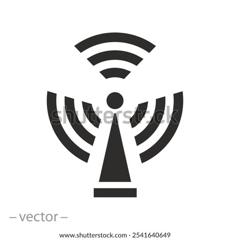 cellular broadcast, antenna or radar signal icon, telecommunication tower, internet connect tech, wireless flat vector illustration