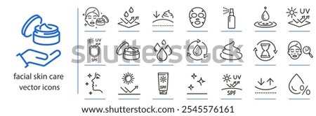 facial skin care icons, skincare icon set, dermatology simple symbols, line vector illustration