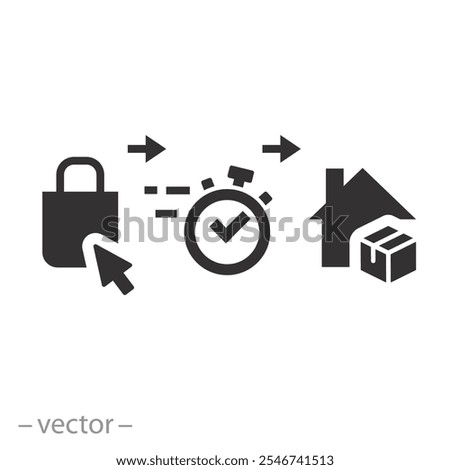 quick receive order, instant collect with click icon, buy online, fast time delivery on the home, flat vector illustration